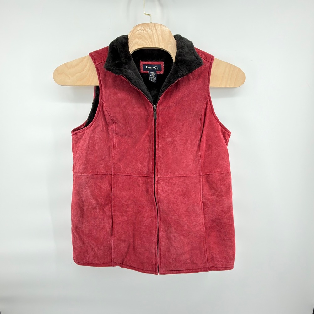 Denim & Co. Genuine Leather Vest Womens L Red Faux Fur Lined Full Zip Collar